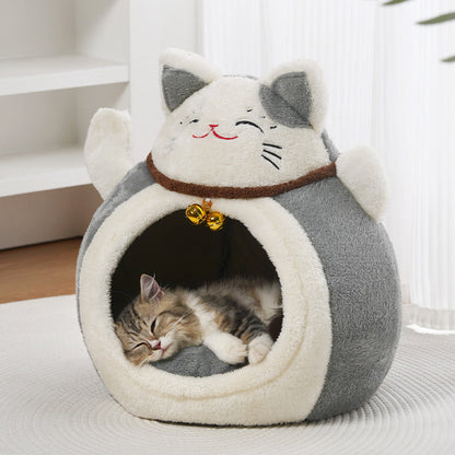 Modern Art Deco Cartoon Fortune Cat-Shaped Arctic Velvet PP Cotton Sponge 1-Tier Cozy Cat Bed For Living Room & Bedroom