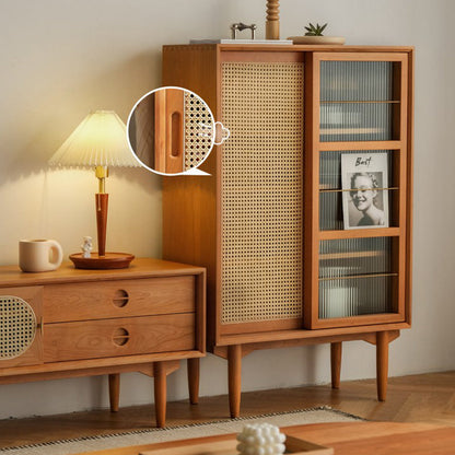 Traditional Japanese Rectangular Pine Solid Wood Multi-Layer Board Rattan Weaving Sideboard 3/4-Cabinet For Living Room & Dining Room