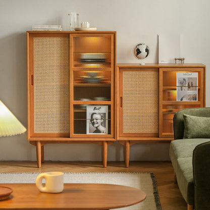 Traditional Japanese Rectangular Pine Solid Wood Multi-Layer Board Rattan Weaving Sideboard 3/4-Cabinet For Living Room & Dining Room