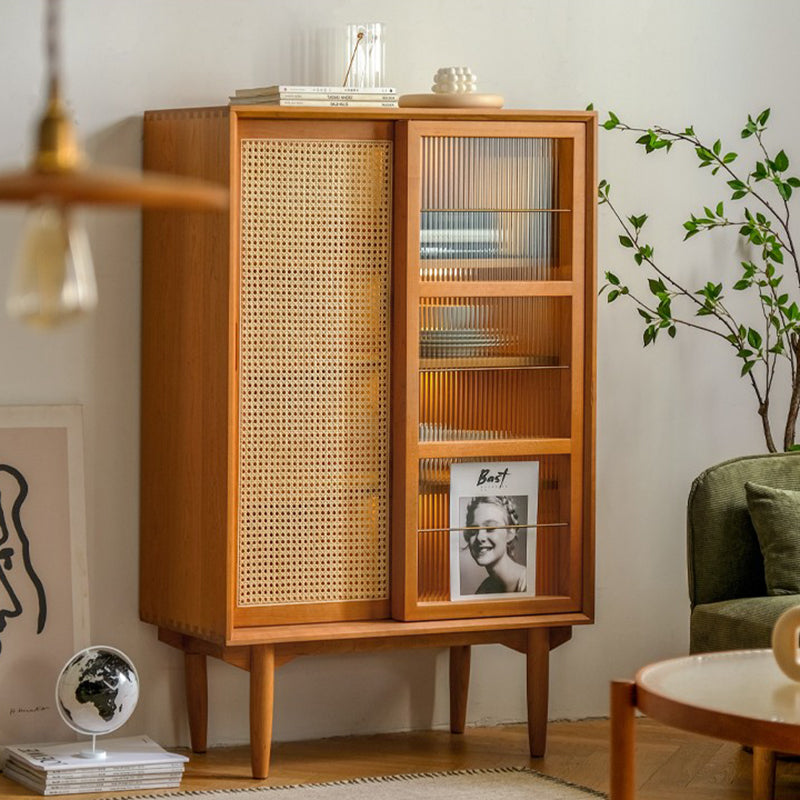 Traditional Japanese Rectangular Pine Solid Wood Multi-Layer Board Rattan Weaving Sideboard 3/4-Cabinet For Living Room & Dining Room