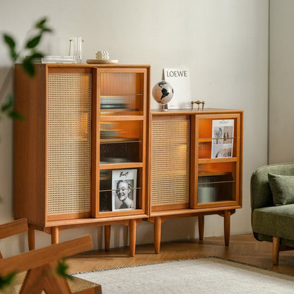 Traditional Japanese Rectangular Pine Solid Wood Multi-Layer Board Rattan Weaving Sideboard 3/4-Cabinet For Living Room & Dining Room