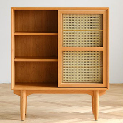 Traditional Japanese Rectangular Pine Solid Wood Multi-Layer Board Rattan Weaving Sideboard 3/4-Cabinet For Living Room & Dining Room