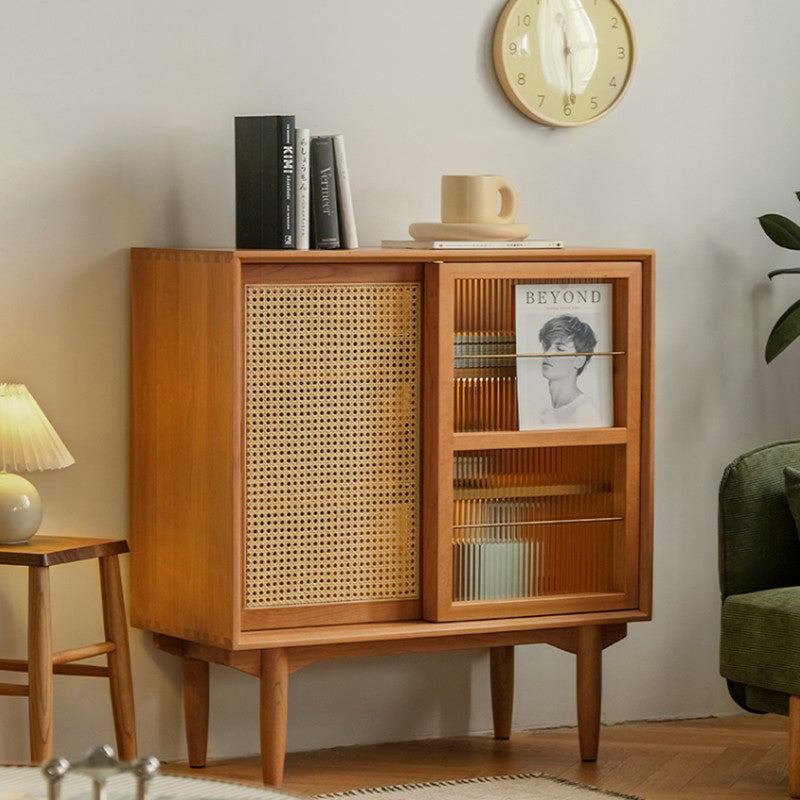 Traditional Japanese Rectangular Pine Solid Wood Multi-Layer Board Rattan Weaving Sideboard 3/4-Cabinet For Living Room & Dining Room