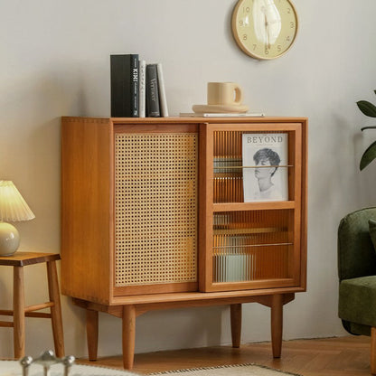 Traditional Japanese Rectangular Pine Solid Wood Multi-Layer Board Rattan Weaving Sideboard 3/4-Cabinet For Living Room & Dining Room