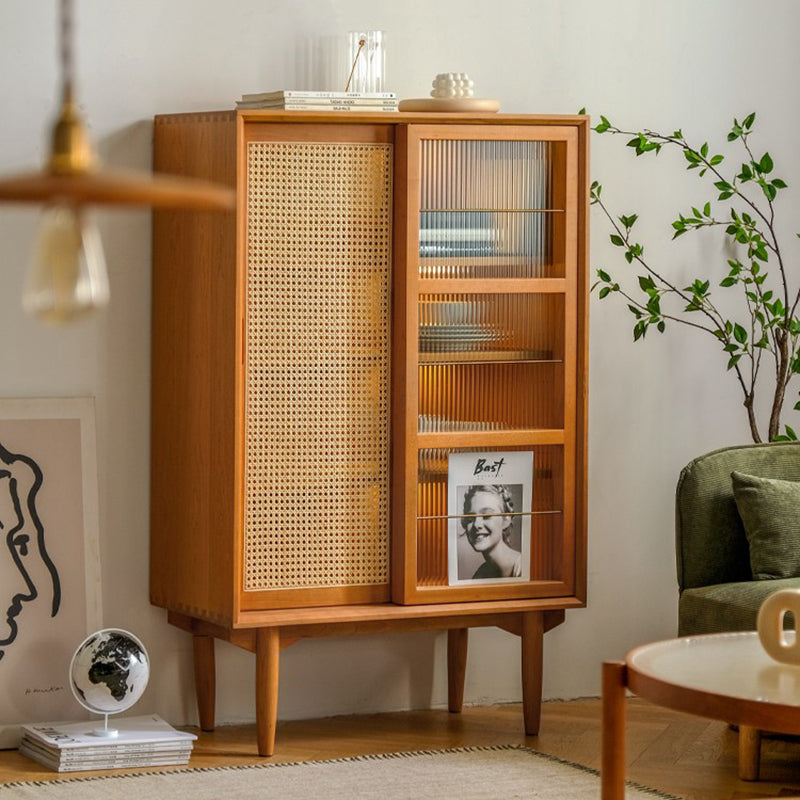 Traditional Japanese Rectangular Pine Solid Wood Multi-Layer Board Rattan Weaving Sideboard 3/4-Cabinet For Living Room & Dining Room