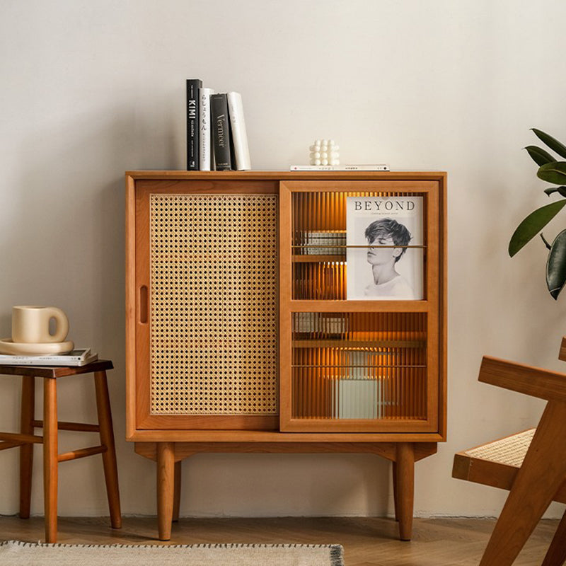 Traditional Japanese Rectangular Pine Solid Wood Multi-Layer Board Rattan Weaving Sideboard 3/4-Cabinet For Living Room & Dining Room