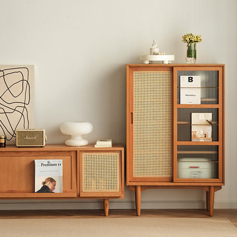 Traditional Japanese Rectangular Pine Solid Wood Multi-Layer Board Rattan Weaving Sideboard 3/4-Cabinet For Living Room & Dining Room