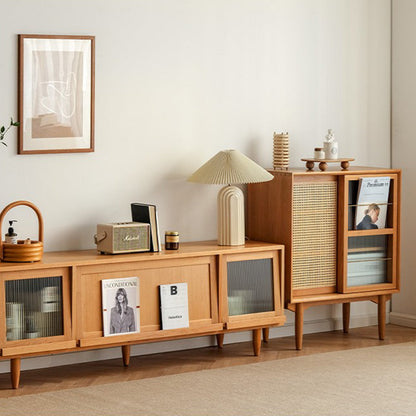 Traditional Japanese Rectangular Pine Solid Wood Multi-Layer Board Rattan Weaving Sideboard 3/4-Cabinet For Living Room & Dining Room