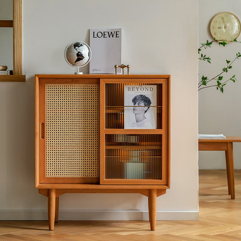 Traditional Japanese Rectangular Pine Solid Wood Multi-Layer Board Rattan Weaving Sideboard 3/4-Cabinet For Living Room & Dining Room