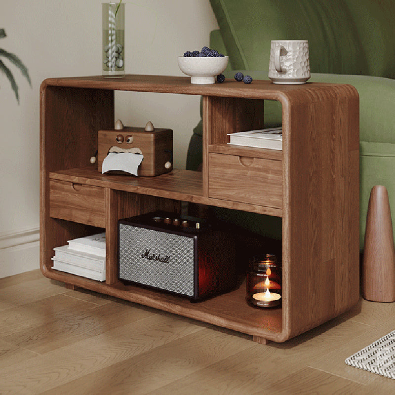 Traditional Vintage Hollowed-Out Rectangular Rubberwood Pine Wood Open Storage Cabinet 2-Drawer For Living Room