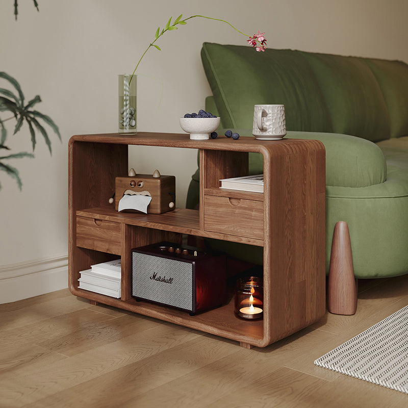 Traditional Vintage Hollowed-Out Rectangular Rubberwood Pine Wood Open Storage Cabinet 2-Drawer For Living Room
