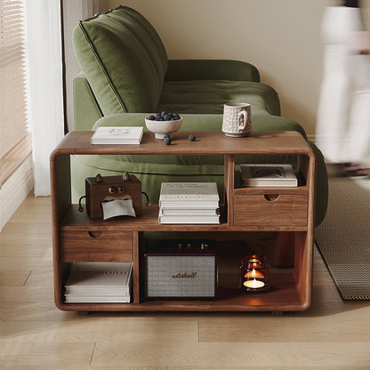 Traditional Vintage Hollowed-Out Rectangular Rubberwood Pine Wood Open Storage Cabinet 2-Drawer For Living Room
