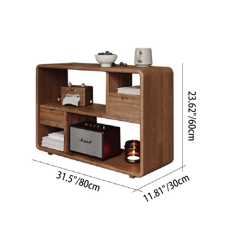 Traditional Vintage Hollowed-Out Rectangular Rubberwood Pine Wood Open Storage Cabinet 2-Drawer For Living Room