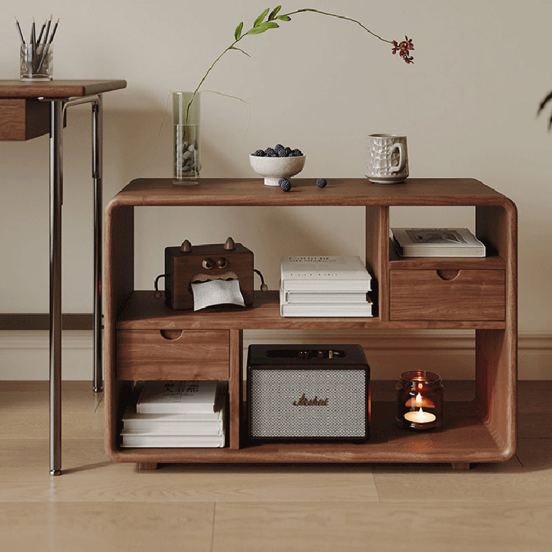 Traditional Vintage Hollowed-Out Rectangular Rubberwood Pine Wood Open Storage Cabinet 2-Drawer For Living Room