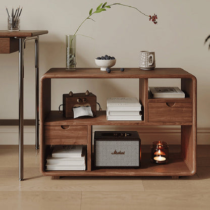 Traditional Vintage Hollowed-Out Rectangular Rubberwood Pine Wood Open Storage Cabinet 2-Drawer For Living Room