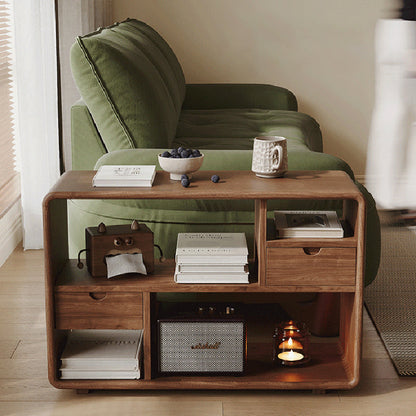 Traditional Vintage Hollowed-Out Rectangular Rubberwood Pine Wood Open Storage Cabinet 2-Drawer For Living Room