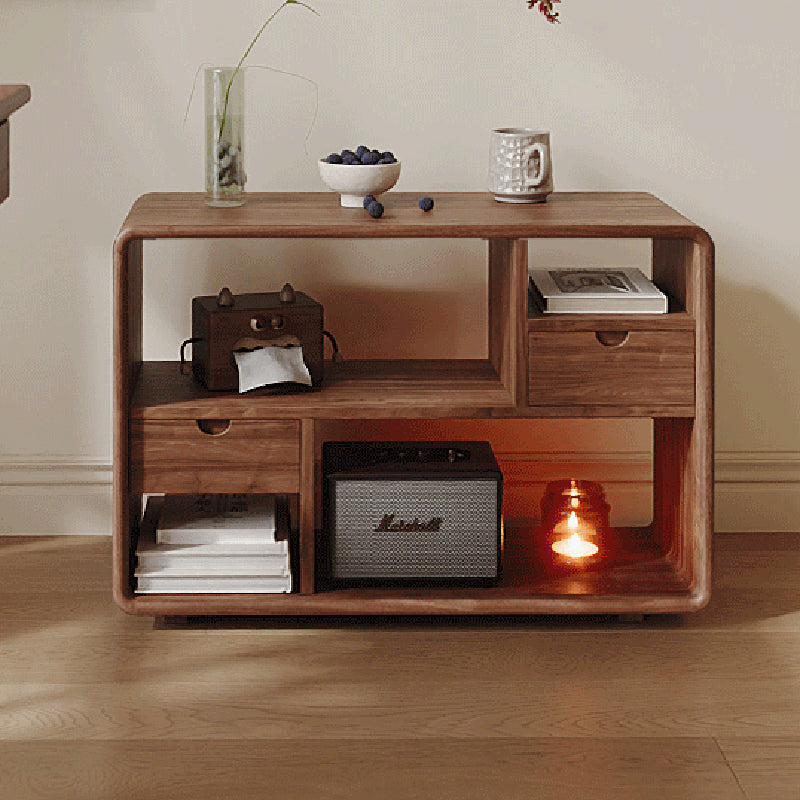 Traditional Vintage Hollowed-Out Rectangular Rubberwood Pine Wood Open Storage Cabinet 2-Drawer For Living Room