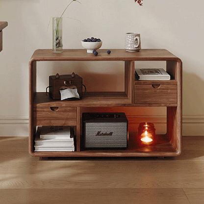 Traditional Vintage Hollowed-Out Rectangular Rubberwood Pine Wood Open Storage Cabinet 2-Drawer For Living Room