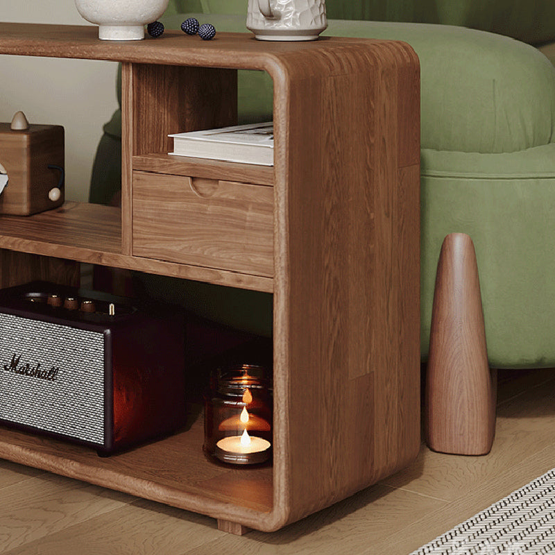 Traditional Vintage Hollowed-Out Rectangular Rubberwood Pine Wood Open Storage Cabinet 2-Drawer For Living Room