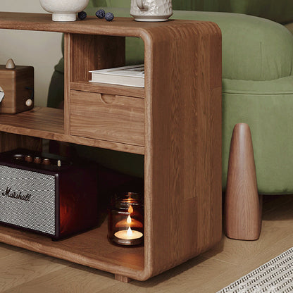 Traditional Vintage Hollowed-Out Rectangular Rubberwood Pine Wood Open Storage Cabinet 2-Drawer For Living Room