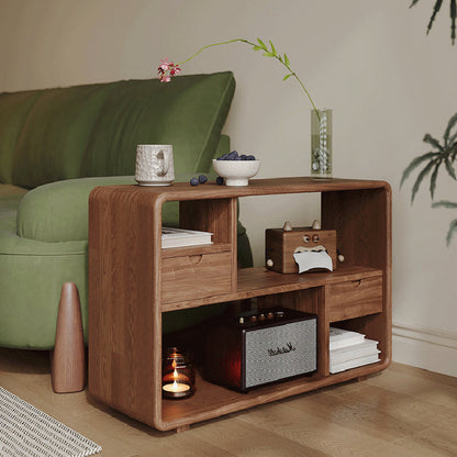 Traditional Vintage Hollowed-Out Rectangular Rubberwood Pine Wood Open Storage Cabinet 2-Drawer For Living Room