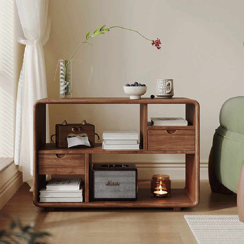 Traditional Vintage Hollowed-Out Rectangular Rubberwood Pine Wood Open Storage Cabinet 2-Drawer For Living Room