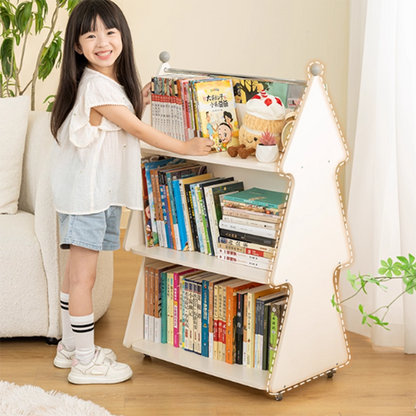 Contemporary Creative Christmas Tree Solid Wood Particle Board Acrylic Iron Kids Movable Bookshelf 3-Tier For Study