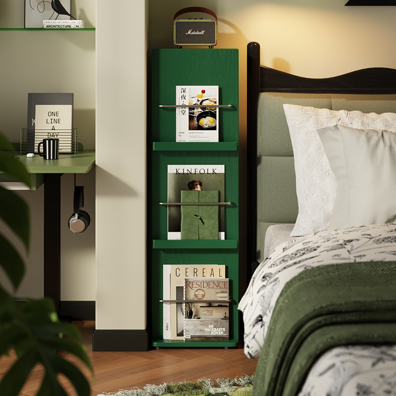 Modern Minimalist Narrow Rectangular Solid Rubberwood Metal Floor-Standing Bookshelf 3-Tier For Study
