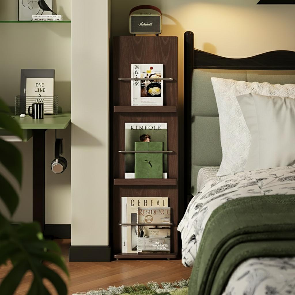 Modern Minimalist Narrow Rectangular Solid Rubberwood Metal Floor-Standing Bookshelf 3-Tier For Study