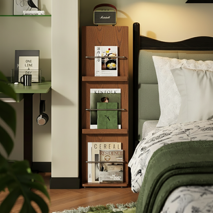 Modern Minimalist Narrow Rectangular Solid Rubberwood Metal Floor-Standing Bookshelf 3-Tier For Study
