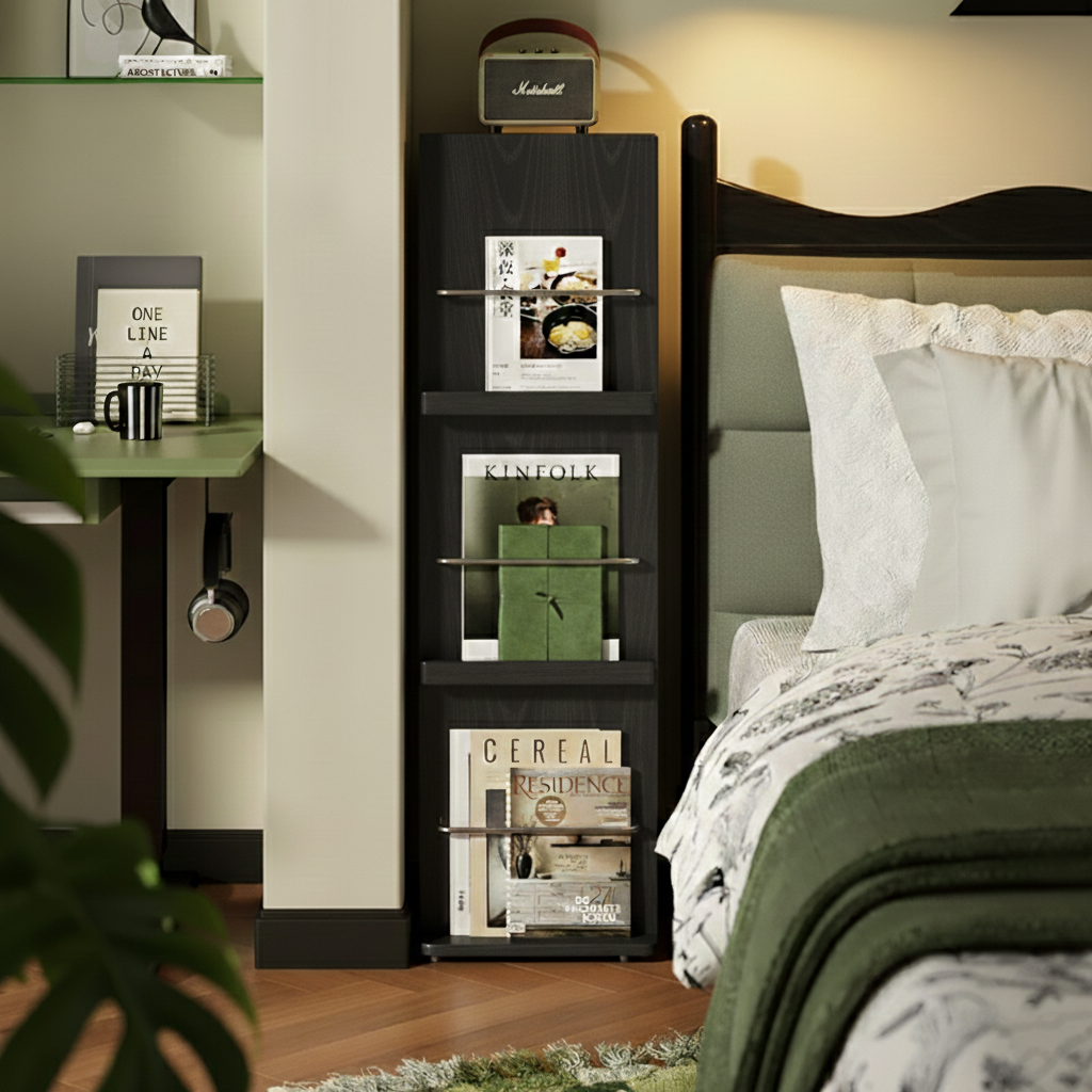 Modern Minimalist Narrow Rectangular Solid Rubberwood Metal Floor-Standing Bookshelf 3-Tier For Study