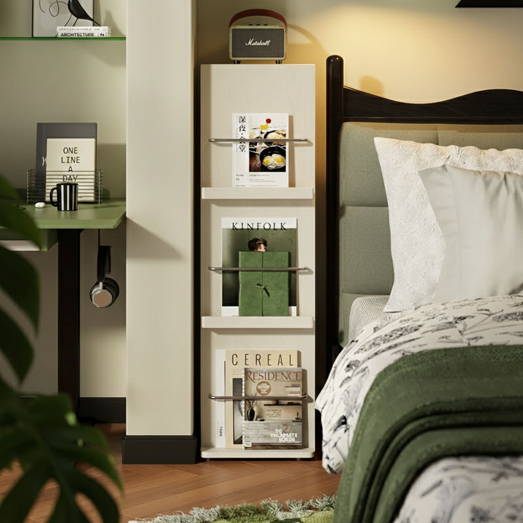 Modern Minimalist Narrow Rectangular Solid Rubberwood Metal Floor-Standing Bookshelf 3-Tier For Study