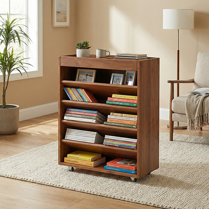 Modern Minimalist Rectangular Solid Rubberwood & Solid Wood Multi-Layer Board Movable Bookshelf 5-Tier For Study