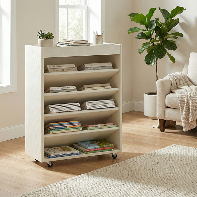 Modern Minimalist Rectangular Solid Rubberwood & Solid Wood Multi-Layer Board Movable Bookshelf 5-Tier For Study