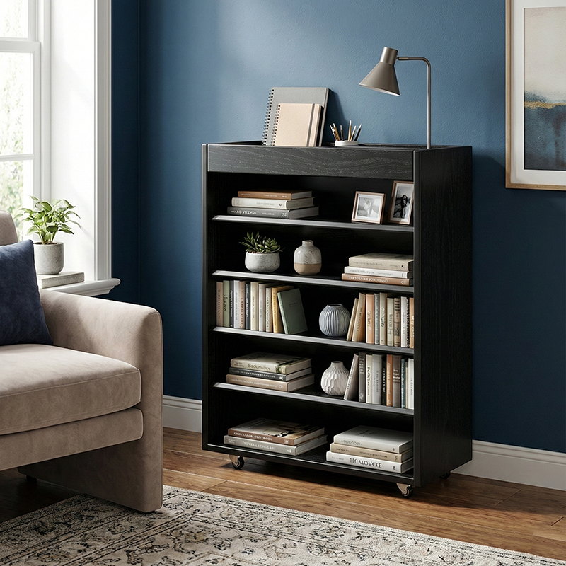 Modern Minimalist Rectangular Solid Rubberwood & Solid Wood Multi-Layer Board Movable Bookshelf 5-Tier For Study