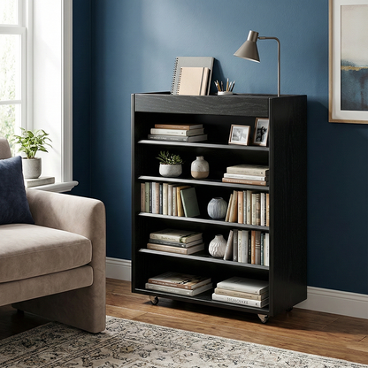 Modern Minimalist Rectangular Solid Rubberwood & Solid Wood Multi-Layer Board Movable Bookshelf 5-Tier For Study