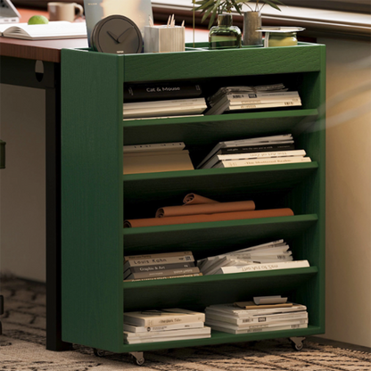 Modern Minimalist Rectangular Solid Rubberwood & Solid Wood Multi-Layer Board Movable Bookshelf 5-Tier For Study