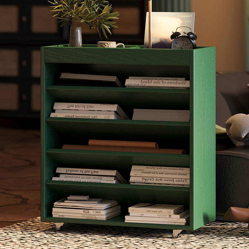 Modern Minimalist Rectangular Solid Rubberwood & Solid Wood Multi-Layer Board Movable Bookshelf 5-Tier For Study