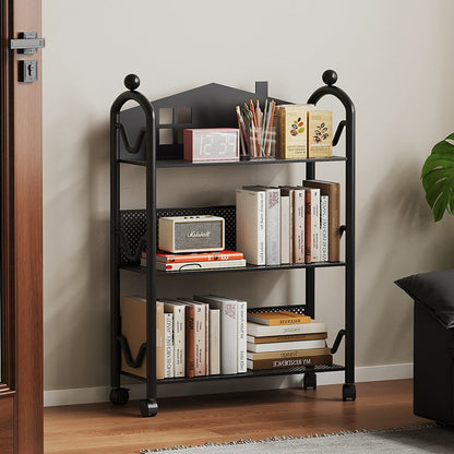 Contemporary Nordic Narrow Castle-Shaped Iron Movable Kids Storage Shelf 3/4-Tier For Living Room