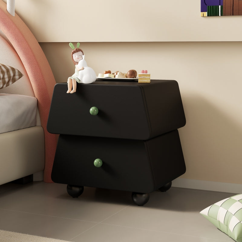 Modern Minimalist Trapezoidal Solid Wood Cat Scratching Leather Nightstand 2-Drawer For Bedroom