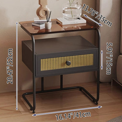 Contemporary Industrial Tempered Glass Iron Rectangular Nightstand 1-Drawer For Bedroom