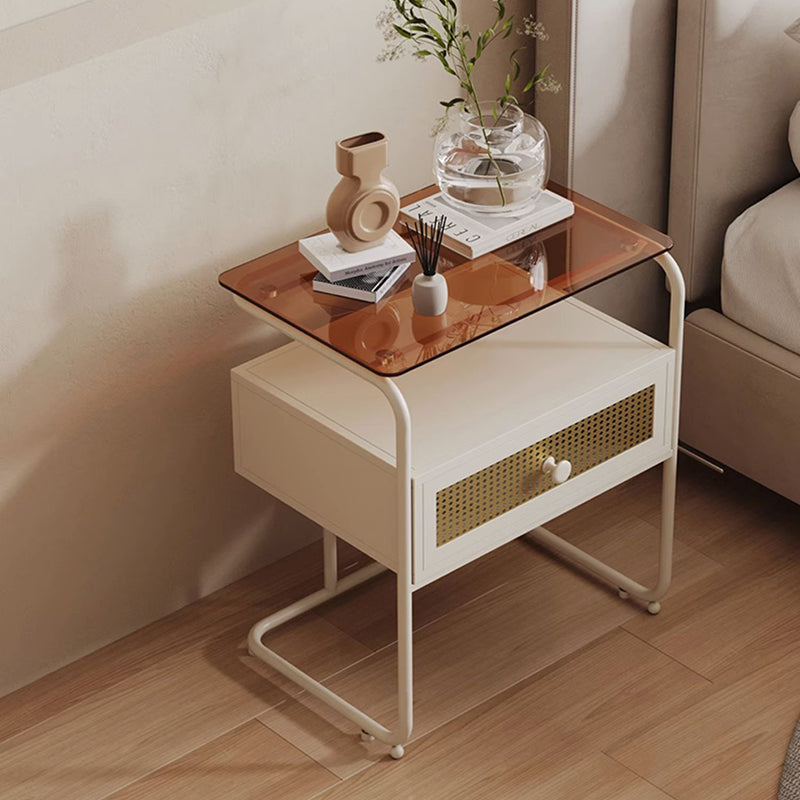 Contemporary Industrial Tempered Glass Iron Rectangular Nightstand 1-Drawer For Bedroom