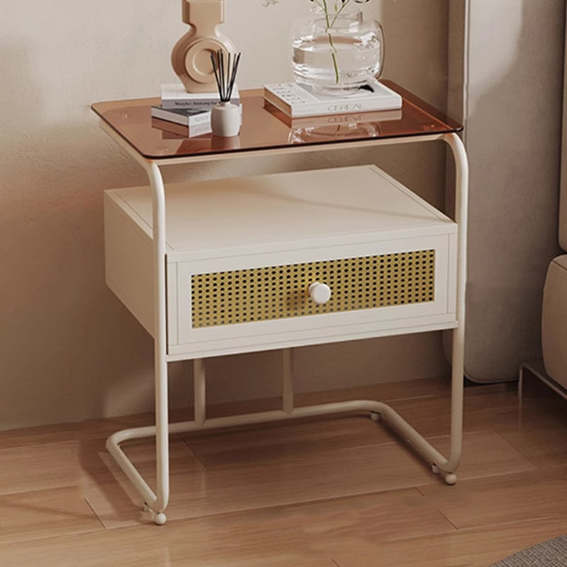 Contemporary Industrial Tempered Glass Iron Rectangular Nightstand 1-Drawer For Bedroom