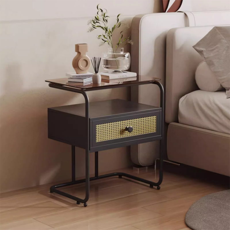 Contemporary Industrial Tempered Glass Iron Rectangular Nightstand 1-Drawer For Bedroom