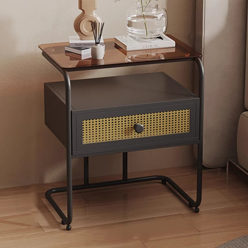 Contemporary Industrial Tempered Glass Iron Rectangular Nightstand 1-Drawer For Bedroom