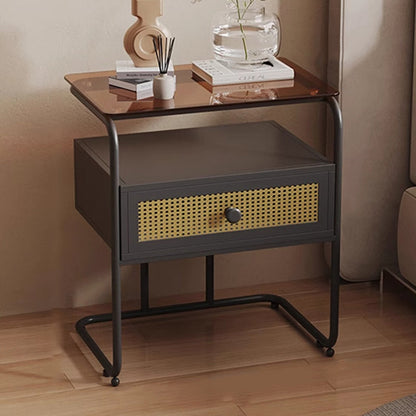 Contemporary Industrial Tempered Glass Iron Rectangular Nightstand 1-Drawer For Bedroom