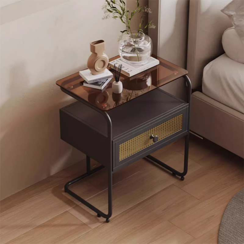 Contemporary Industrial Tempered Glass Iron Rectangular Nightstand 1-Drawer For Bedroom