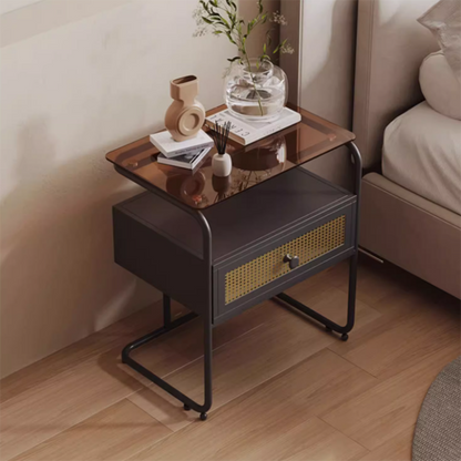 Contemporary Industrial Tempered Glass Iron Rectangular Nightstand 1-Drawer For Bedroom