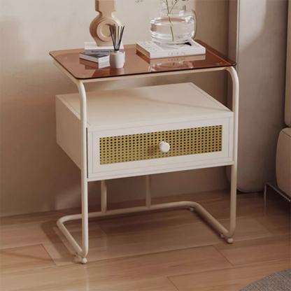 Contemporary Industrial Tempered Glass Iron Rectangular Nightstand 1-Drawer For Bedroom