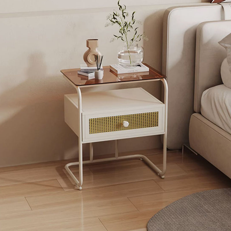 Contemporary Industrial Tempered Glass Iron Rectangular Nightstand 1-Drawer For Bedroom
